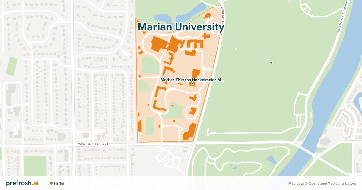 Campus map of Marian University in Indianapolis, IN, showing Mother Theresa Hackelmeier Memorial Library, with nearby restaurants, coffee and shops