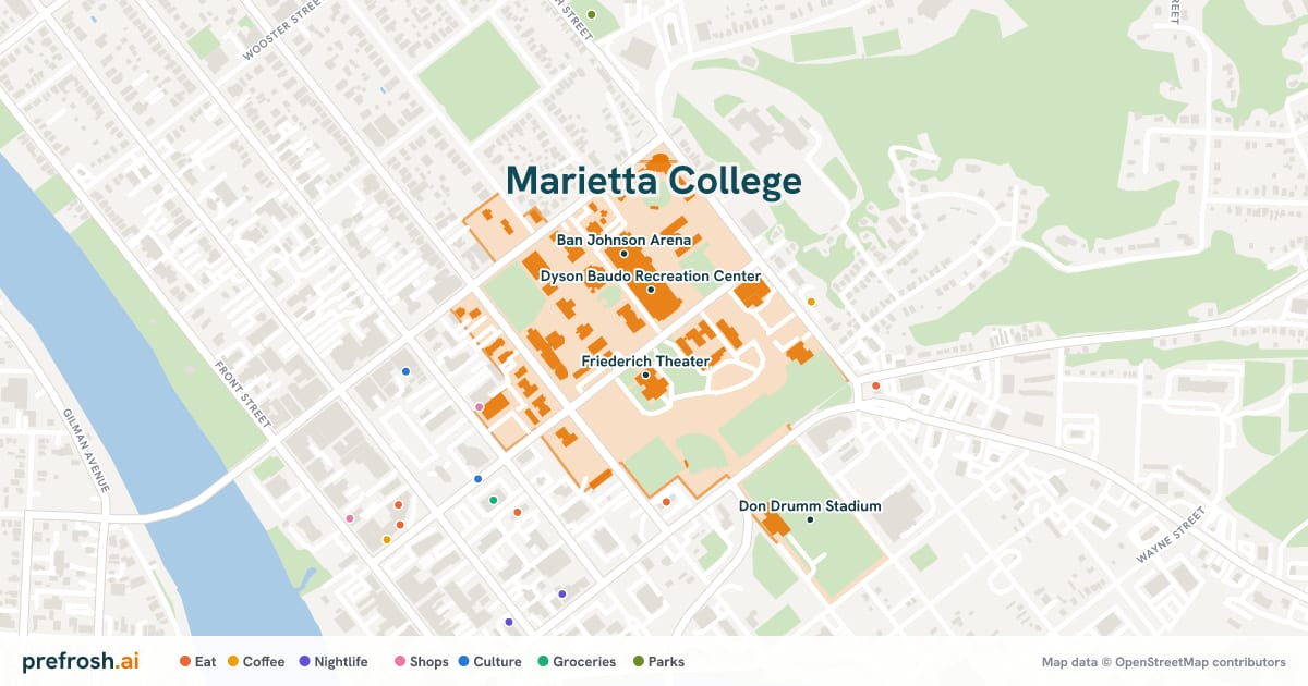 Campus map of Marietta College in Marietta, OH, showing Friederich Theater, Hermann Fine Arts Center, Dyson Baudo Recreation Center and Kremer Ampitheatre, with nearby restaurants, coffee and shops