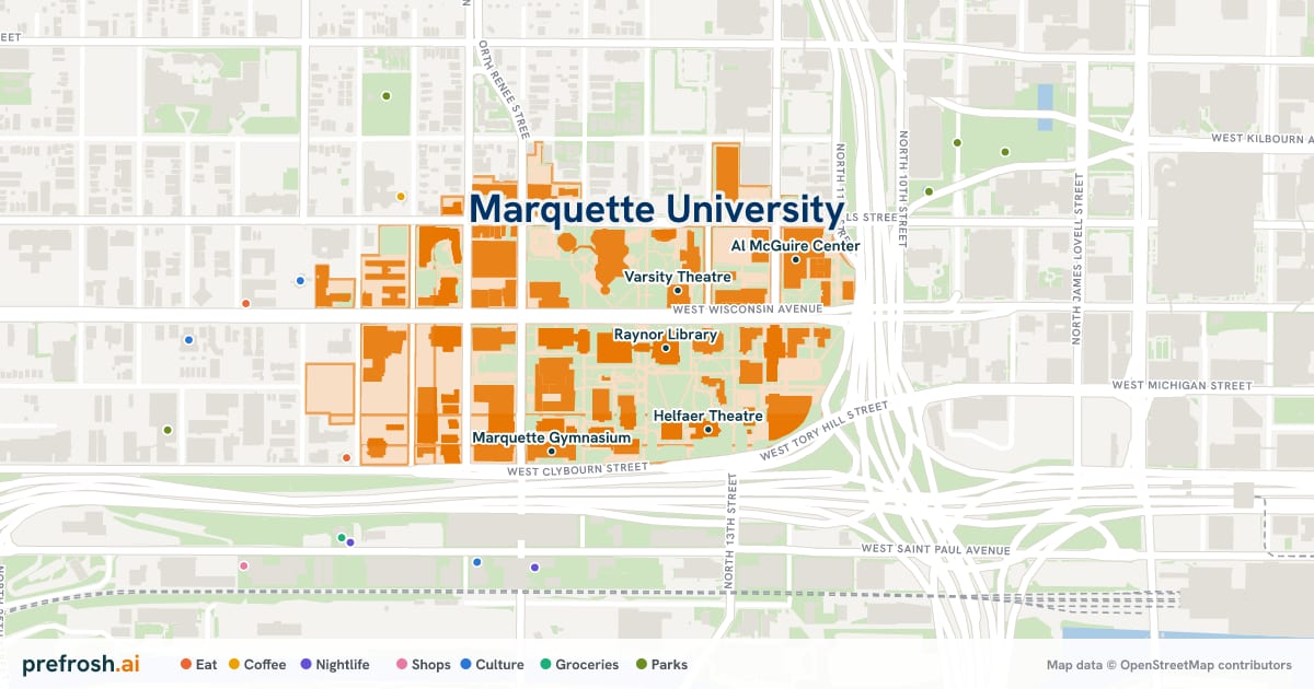 Campus map of Marquette University in Milwaukee, WI, showing Raynor Library, Memorial Library, Varsity Theatre and Helfaer Theatre, with nearby restaurants, coffee and shops