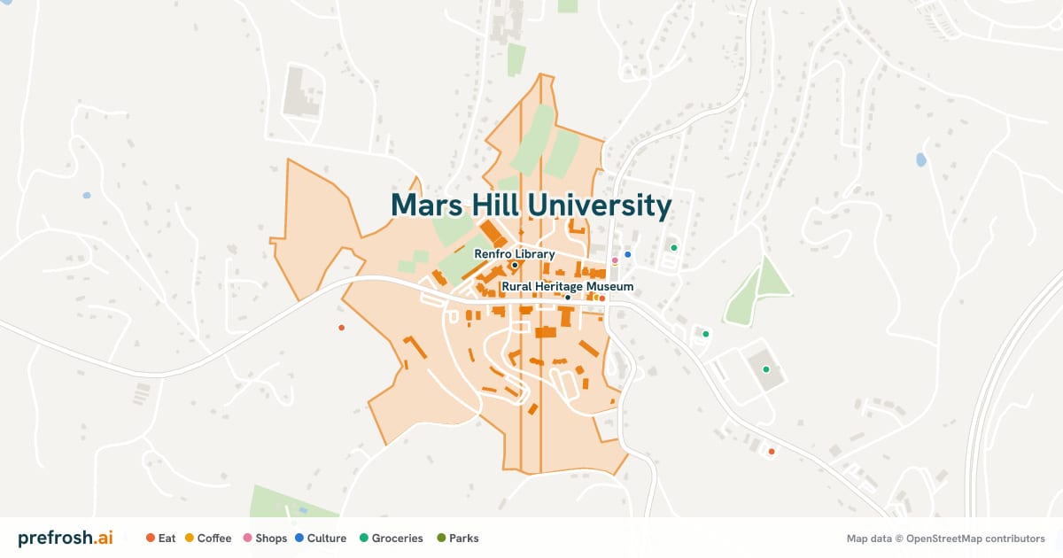 Campus map of Mars Hill University in Mars Hill, NC, showing Renfro Library and Anderson Amphitheatre, with nearby restaurants, coffee and shops
