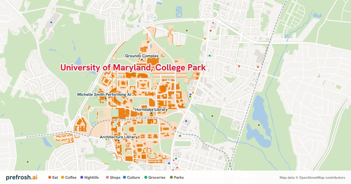 Campus map of University of Maryland, College Park in College Park, MD, showing Eppley Recreation Center, Hornbake Library, Michelle Smith Performing Arts Library and Clarice Smith Performing Arts Center, with nearby restaurants, coffee and shops