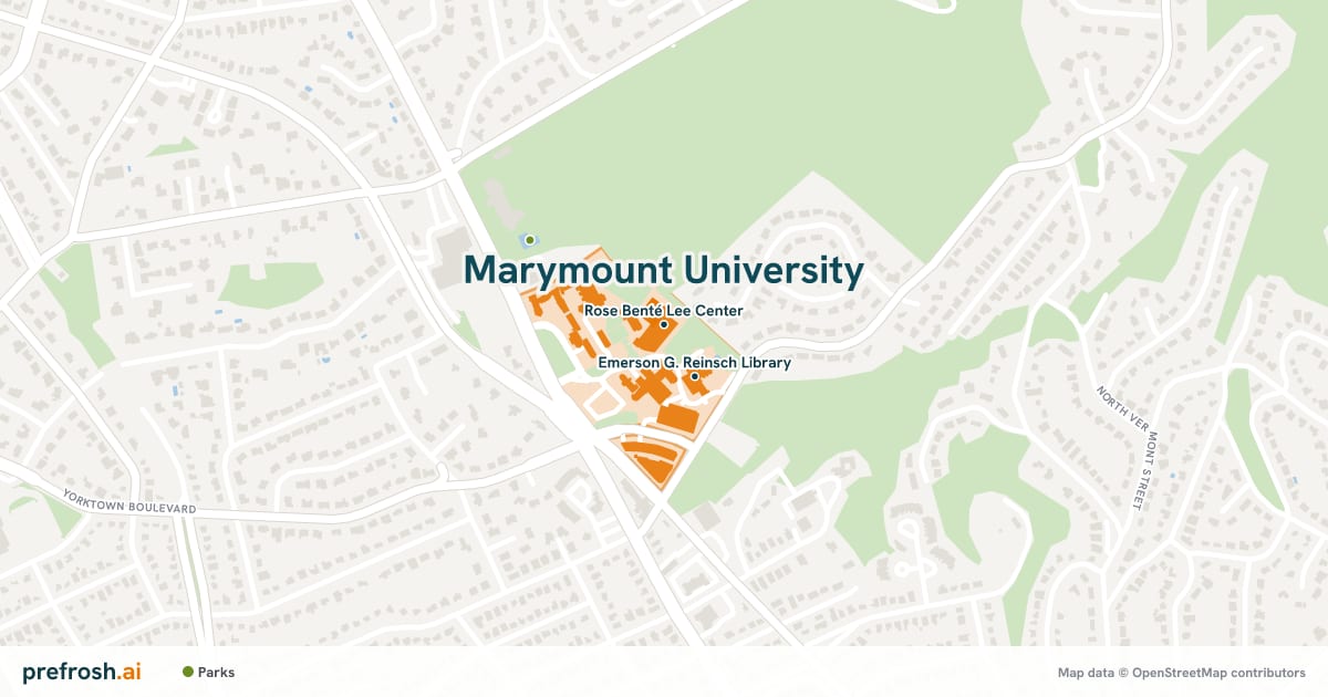 Campus map of Marymount University in Arlington, VA, showing Rose Benté Lee Center and Emerson G. Reinsch Library, with nearby restaurants, coffee and shops
