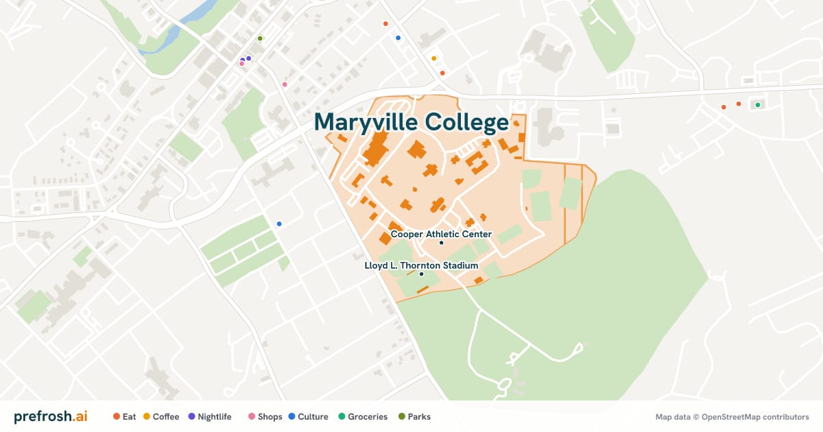 Campus map of Maryville College in Maryville, TN, showing Cooper Athletic Center and Lloyd L. Thornton Stadium, with nearby restaurants, coffee and shops