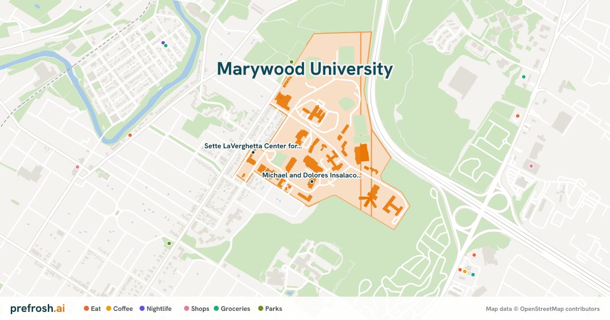 Campus map of Marywood University in Scranton, PA, showing Michael and Dolores Insalaco Studio Arts Center and Liberal Arts Center, with nearby restaurants, coffee and shops