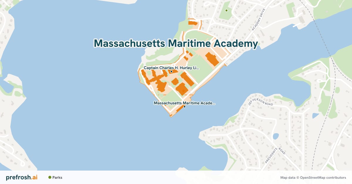 Campus map of Massachusetts Maritime Academy in Buzzards Bay, MA, showing Massachusetts Maritime Academy Pier and Captain Charles H. Hurley Library, with nearby restaurants, coffee and shops