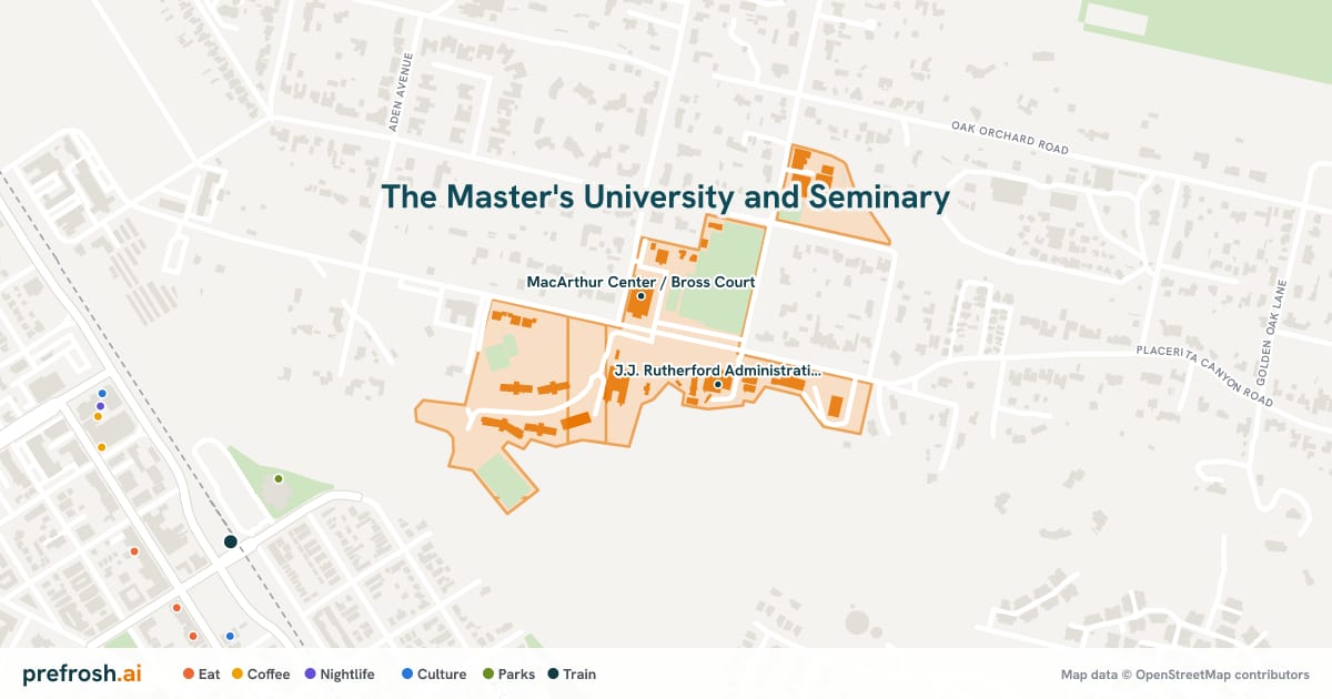 Campus map of The Master's University and Seminary in Santa Clarita, CA, showing MacArthur Center / Bross Court and J.J. Rutherford Administration / Powell Library, with nearby restaurants, coffee and shops