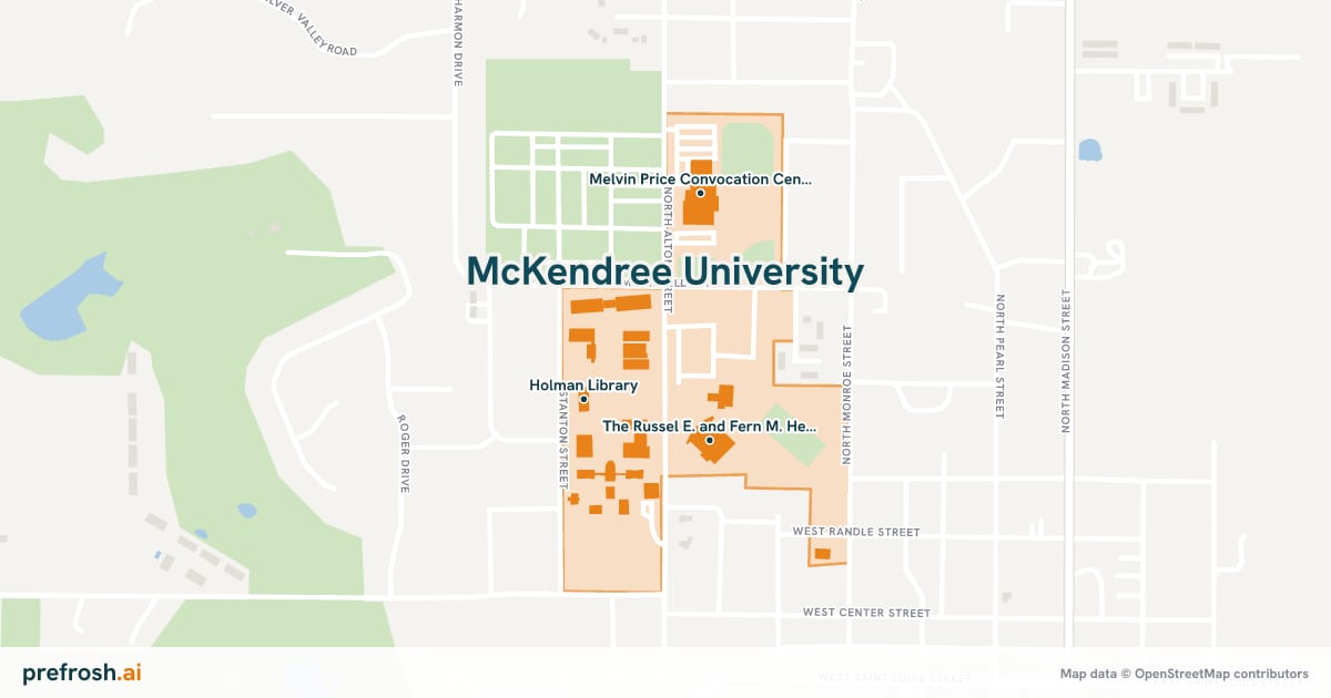 Campus map of McKendree University in Lebanon, IL, showing Holman Library, The Russel E. and Fern M. Hettenhausen Center for the Arts and Melvin Price Convocation Center, with nearby restaurants, coffee and shops