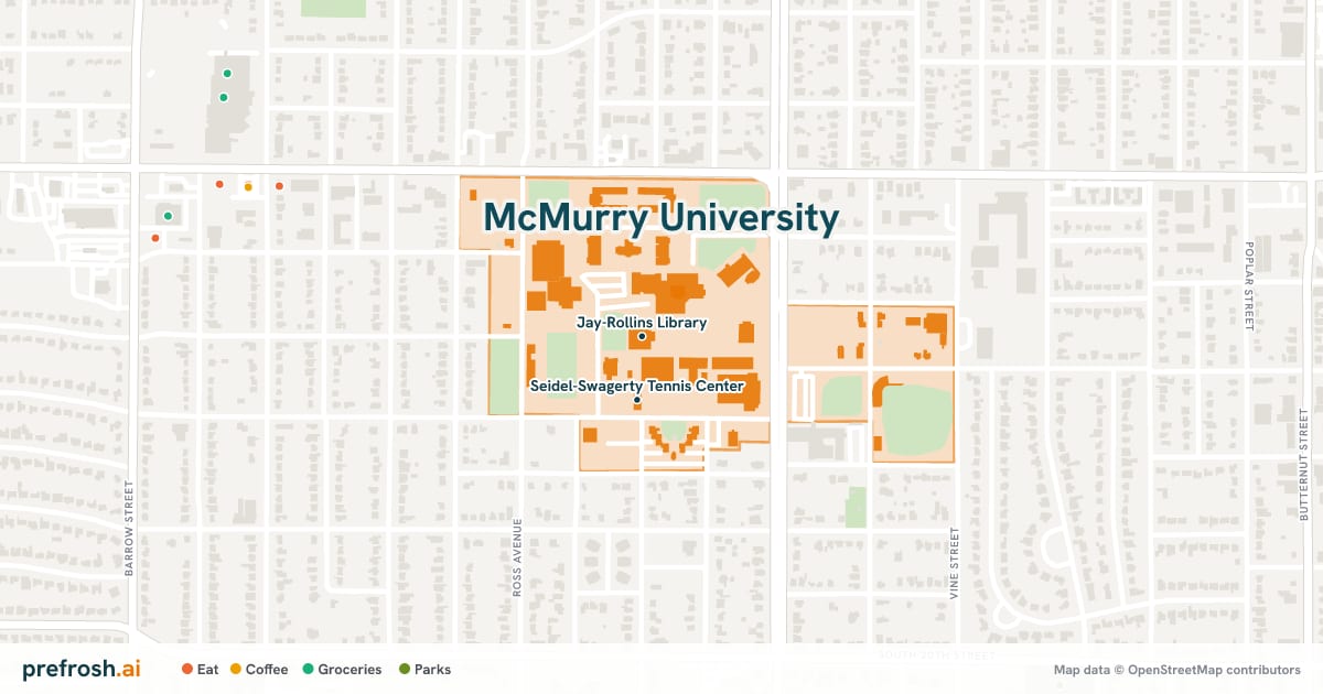 Campus map of McMurry University in Abilene, TX, showing Jay-Rollins Library and Seidel-Swagerty Tennis Center, with nearby restaurants, coffee and shops