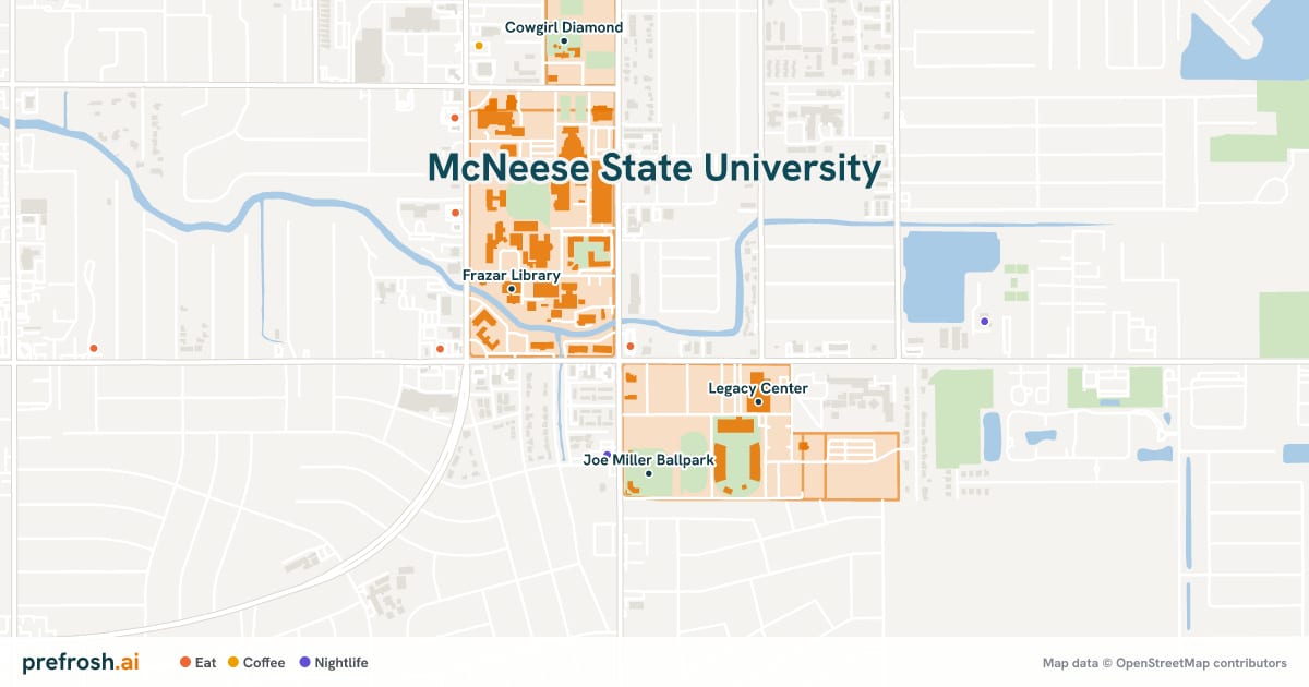 Campus map of McNeese State University in Lake Charles, LA, showing Legacy Center, Joe Miller Ballpark, Cowboy Stadium and Frazar Library, with nearby restaurants, coffee and shops