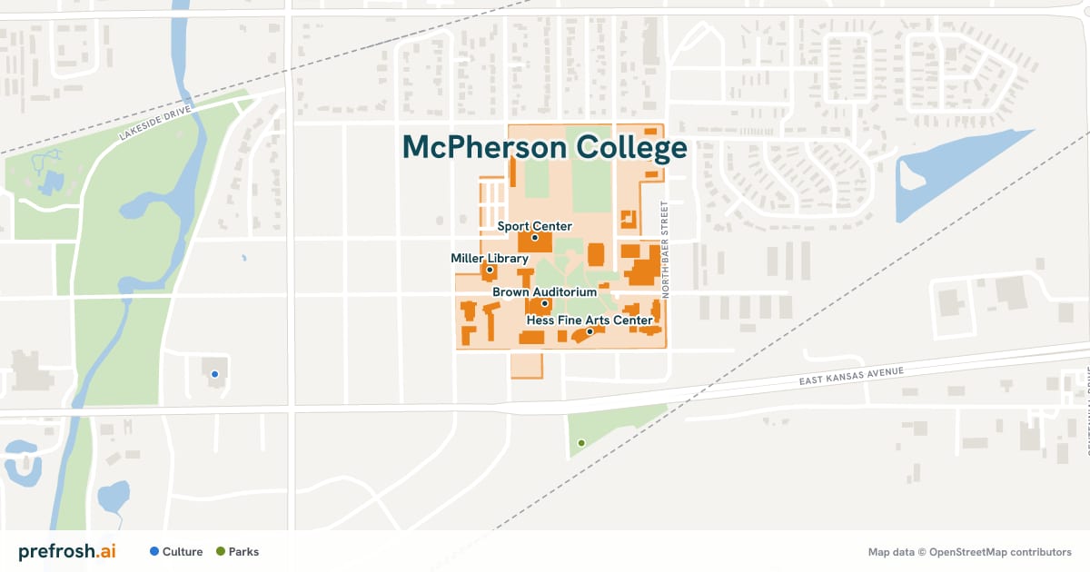 Campus map of McPherson College in McPherson, KS, showing Brown Auditorium, Mingenback Theatre, Sport Center and Miller Library, with nearby restaurants, coffee and shops