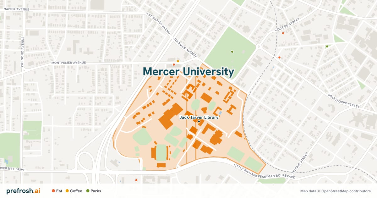 Campus map of Mercer University in Macon, GA, showing Jack Tarver Library, with nearby restaurants, coffee and shops