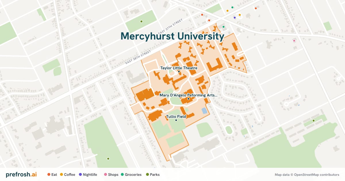 Campus map of Mercyhurst University in Erie, PA, showing Mary D'Angelo Peforming Arts Center, Taylor Little Theatre and Hammermill Library, with nearby restaurants, coffee and shops