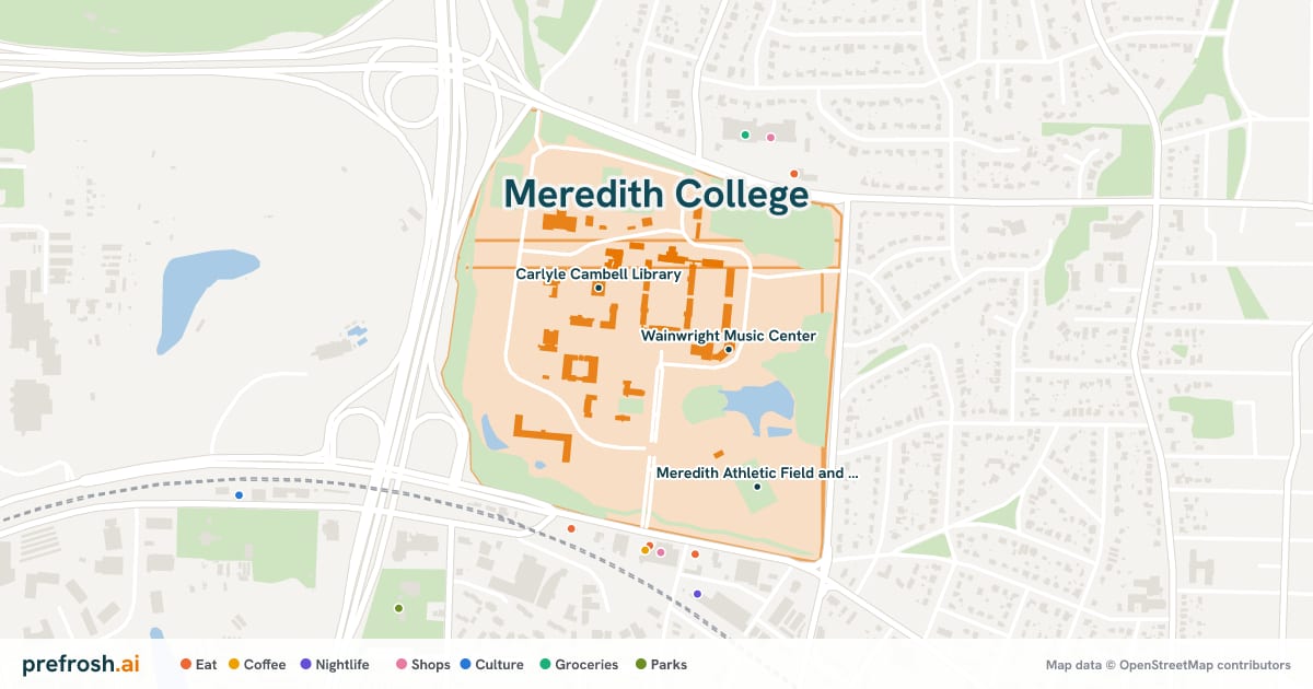 Campus map of Meredith College in Raleigh, NC, showing Wainwright Music Center, Carlyle Cambell Library and Gaddy-Hamrick Art Center, with nearby restaurants, coffee and shops