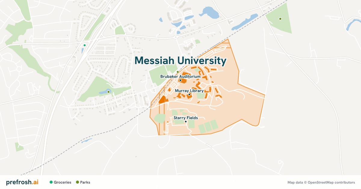 Campus map of Messiah University in Mechanicsburg, PA, showing Murray Library, Brubaker Auditorium and Miller Auditorium, with nearby restaurants, coffee and shops