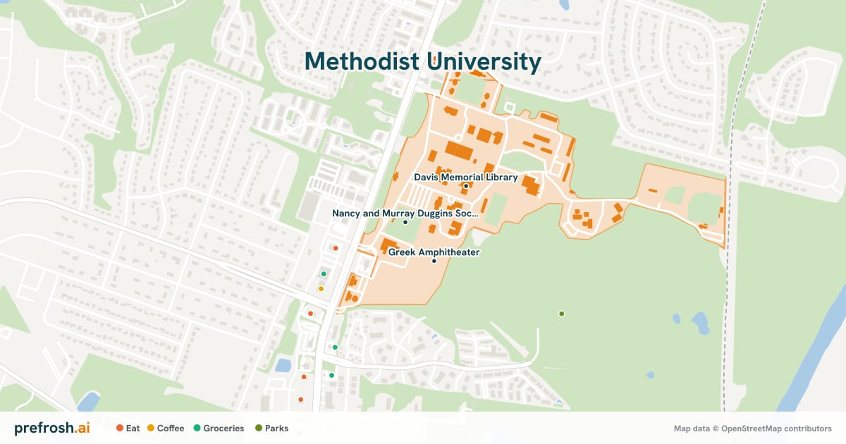 Campus map of Methodist University in Fayetteville, NC, showing Nancy and Murray Duggins Soccer Stadium, Greek Amphitheater and Davis Memorial Library, with nearby restaurants, coffee and shops