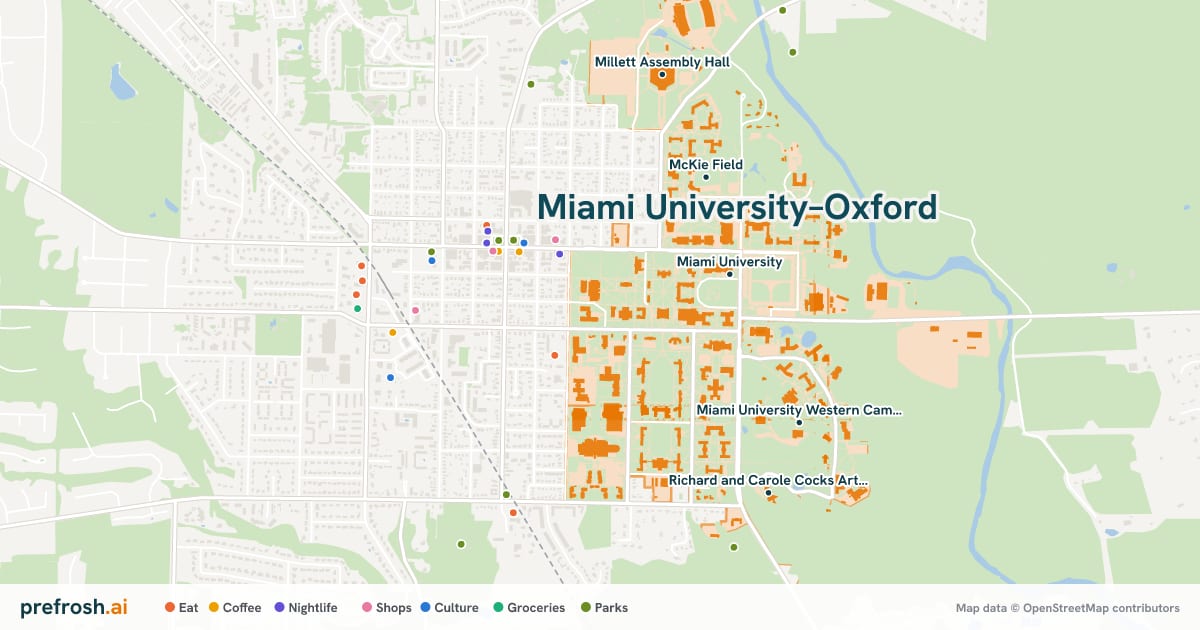 Campus map of Miami University–Oxford in Oxford, OH, showing Miami University, Hefner Museum, Miami University Western Campus and McKie Field, with nearby restaurants, coffee and shops
