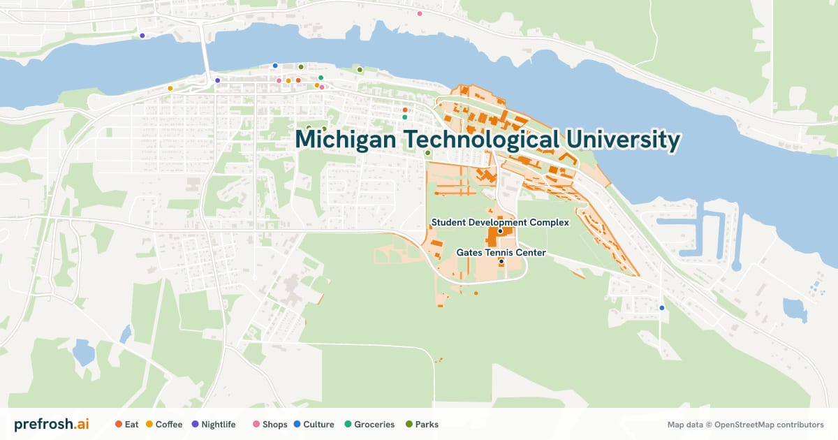 Campus map of Michigan Technological University in Houghton, MI, showing Student Development Complex and John J MacInnes Student Ice Arena, with nearby restaurants, coffee and shops