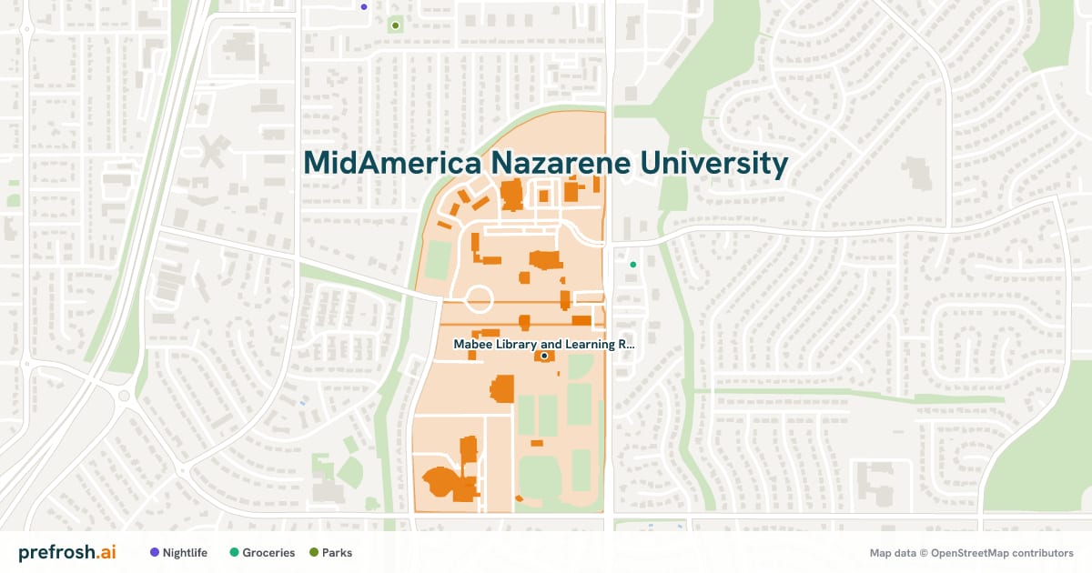 Campus map of MidAmerica Nazarene University in Olathe, KS, showing Mabee Library and Learning Resource Center, with nearby restaurants, coffee and shops