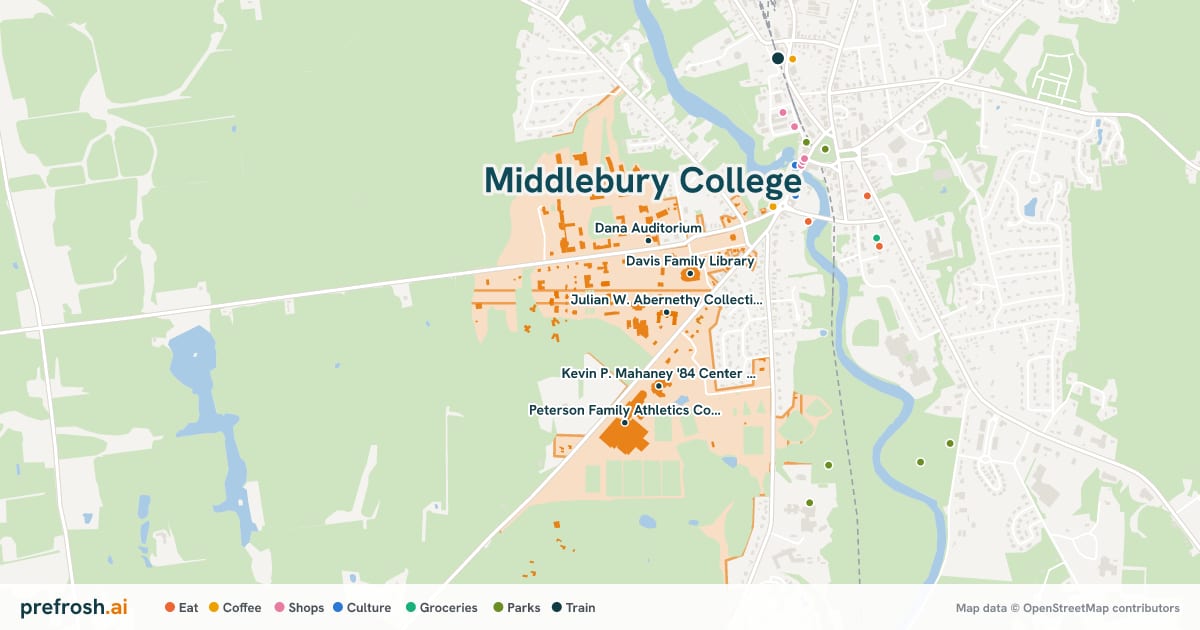 Campus map of Middlebury College in Middlebury, VT, showing Julian W. Abernethy Collection of American Literature, Proctor Tennis Courts, Davis Family Library and Kevin P. Mahaney '84 Center for the Arts, with nearby restaurants, coffee and shops