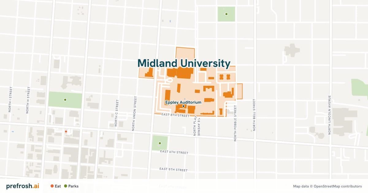 Campus map of Midland University in Fremont, NE, showing Eppley Auditorium, with nearby restaurants, coffee and shops