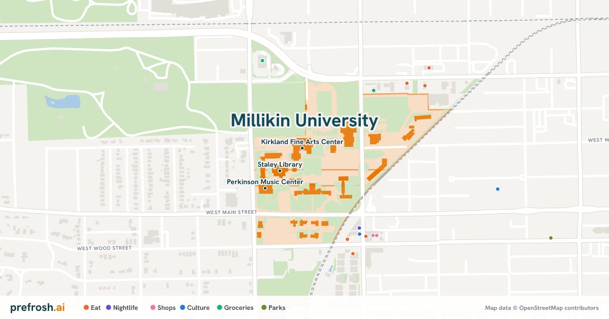 Campus map of Millikin University in Decatur, IL, showing Kirkland Fine Arts Center, Staley Library and Perkinson Music Center, with nearby restaurants, coffee and shops