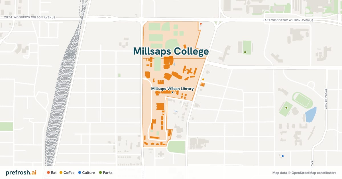 Campus map of Millsaps College in Jackson, MS, showing Millsaps-Wilson Library, with nearby restaurants, coffee and shops