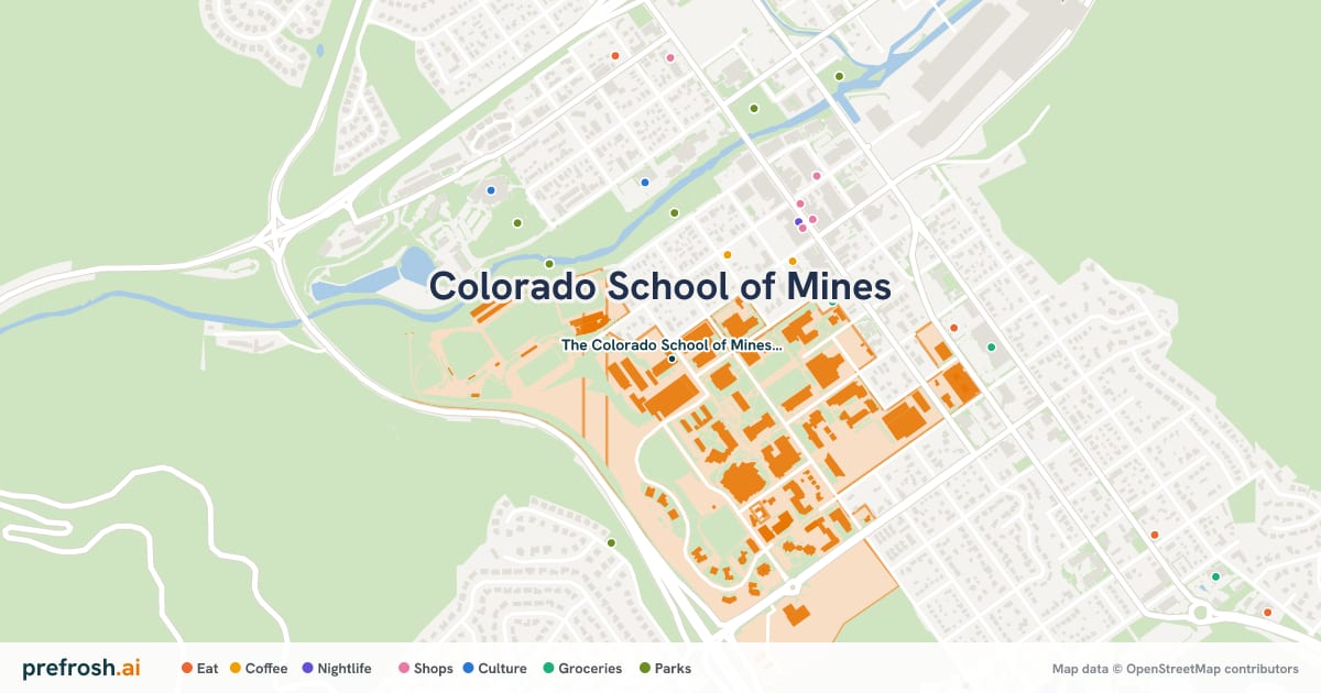 Campus map of Colorado School of Mines in Golden, CO, showing The Colorado School of Mines Geology Museum, with nearby restaurants, coffee and shops