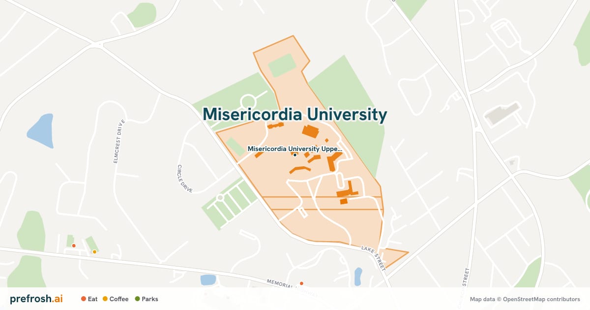 Campus map of Misericordia University in Dallas, PA, showing Misericordia University Upper Campus, with nearby restaurants, coffee and shops
