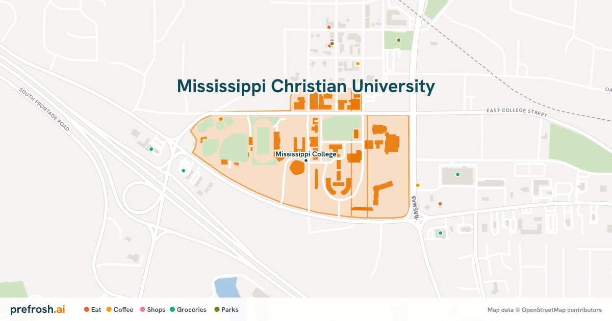 Campus map of Mississippi Christian University in Clinton, MS, showing Mississippi College, with nearby restaurants, coffee and shops
