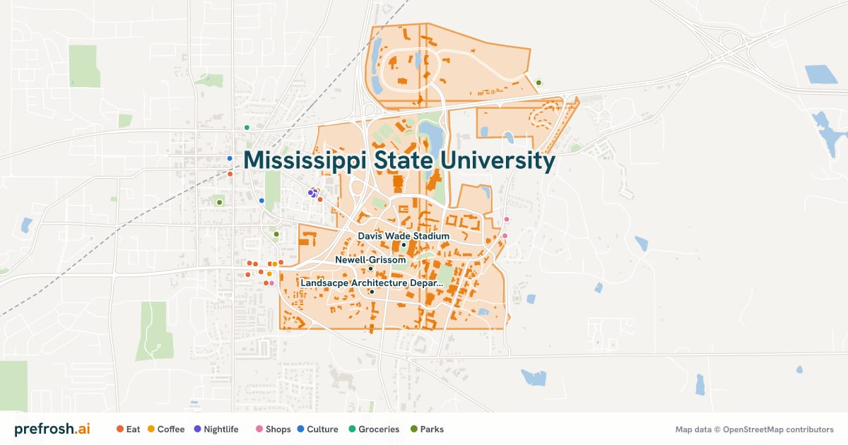 Campus map of Mississippi State University in Mississippi State, MS, showing Davis Wade Stadium, Humphrey Coliseum and Newell-Grissom, with nearby restaurants, coffee and shops