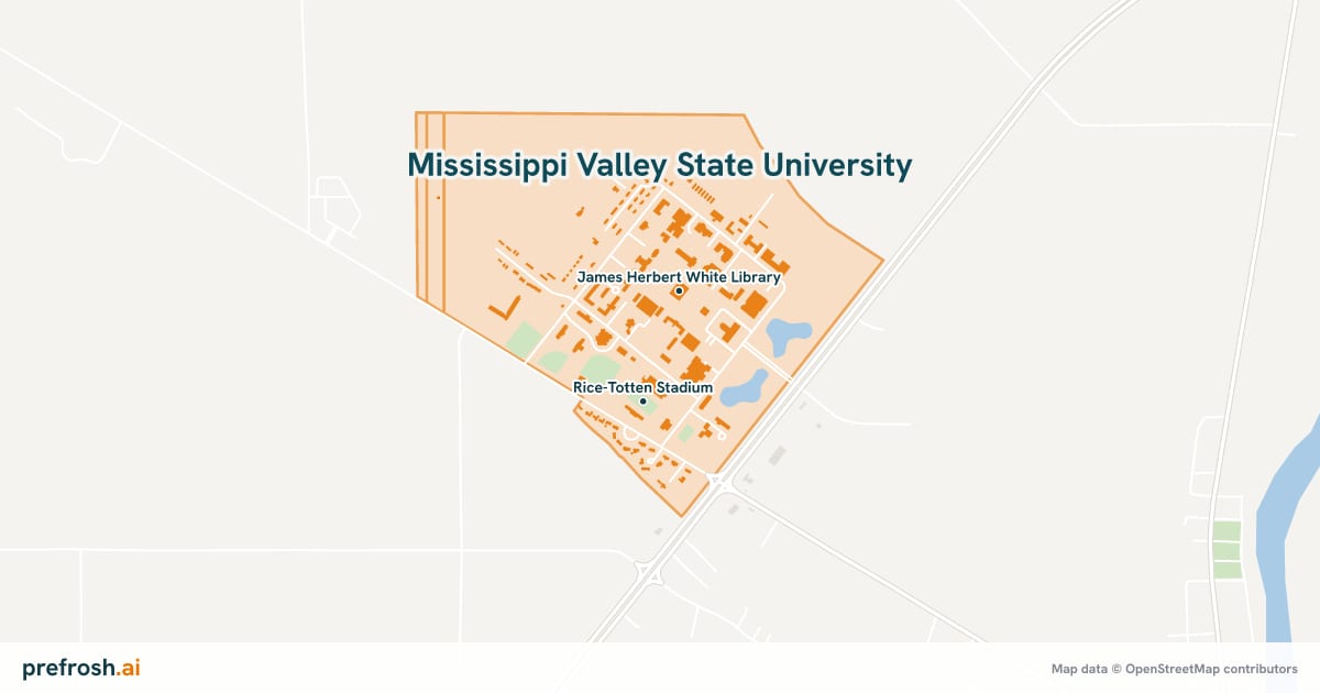 Campus map of Mississippi Valley State University in Itta Bena, MS, showing Rice-Totten Stadium and James Herbert White Library, with nearby restaurants, coffee and shops