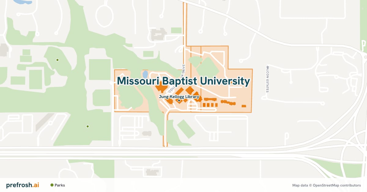 Campus map of Missouri Baptist University in Saint Louis, MO, showing Jung-Kellogg Library, with nearby restaurants, coffee and shops