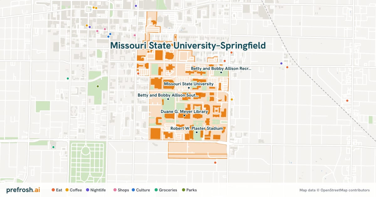 Campus map of Missouri State University–Springfield in Springfield, MO, showing Missouri State University, Duane G. Meyer Library, Betty and Bobby Allison South Stadium and JQH Arena, with nearby restaurants, coffee and shops