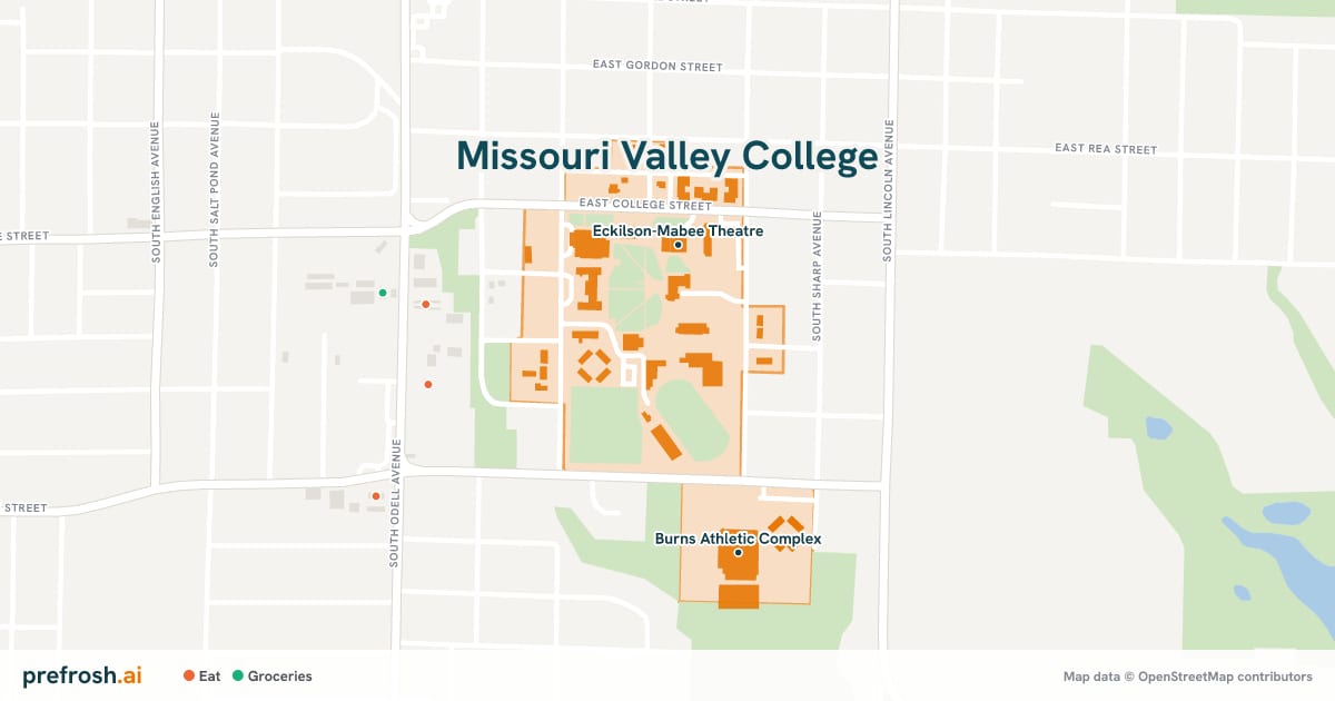 Campus map of Missouri Valley College in Marshall, MO, showing Eckilson-Mabee Theatre and Murrell Memorial Library, with nearby restaurants, coffee and shops