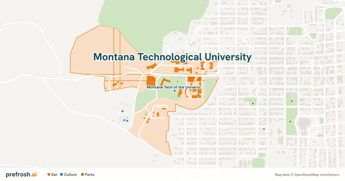 Campus map of Montana Technological University in Butte, MT, showing Montana Tech of the University of Montana, with nearby restaurants, coffee and shops