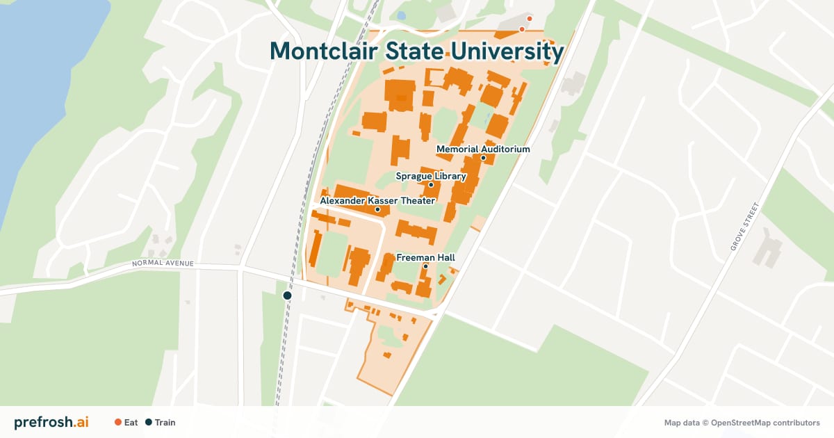 Campus map of Montclair State University in Montclair, NJ, showing Sprague Library, Amphitheater, Alexander Kasser Theater and Freeman Hall, with nearby restaurants, coffee and shops