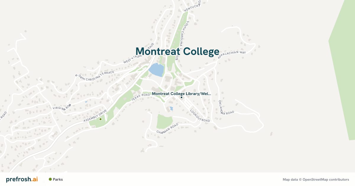 Campus map of Montreat College in Montreat, NC, showing Montreat College Library/Wellness Center, with nearby restaurants, coffee and shops