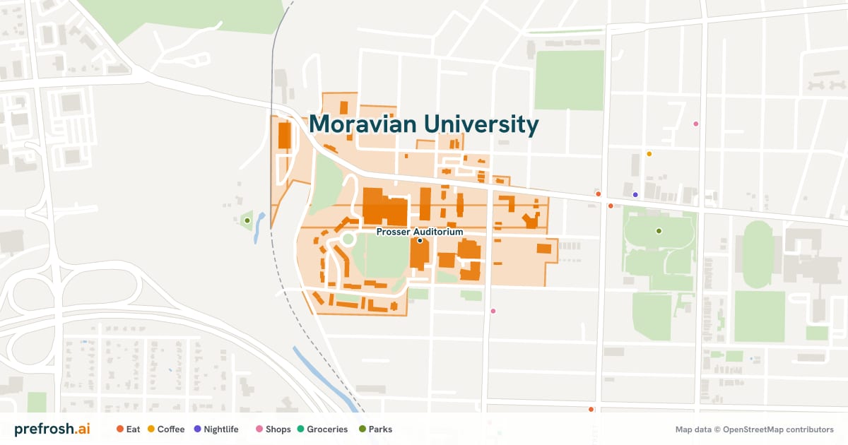 Campus map of Moravian University in Bethlehem, PA, showing Prosser Auditorium, with nearby restaurants, coffee and shops