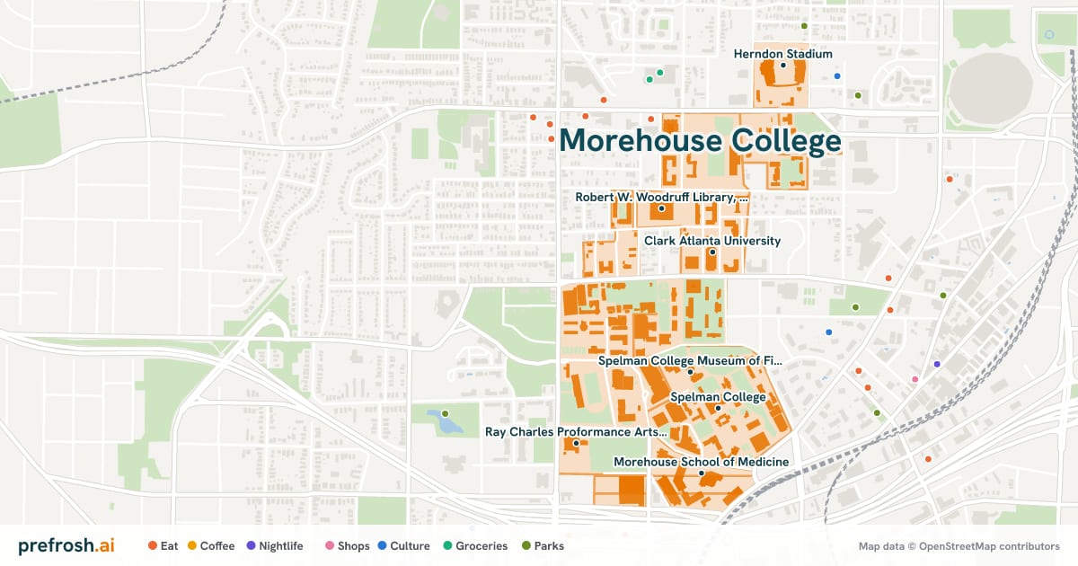 Campus map of Morehouse College in Atlanta, GA, showing Clark Atlanta University, Robert W. Woodruff Library, Atlanta University Center, Spelman College Museum of Fine Art and Spelman College, with nearby restaurants, coffee and shops