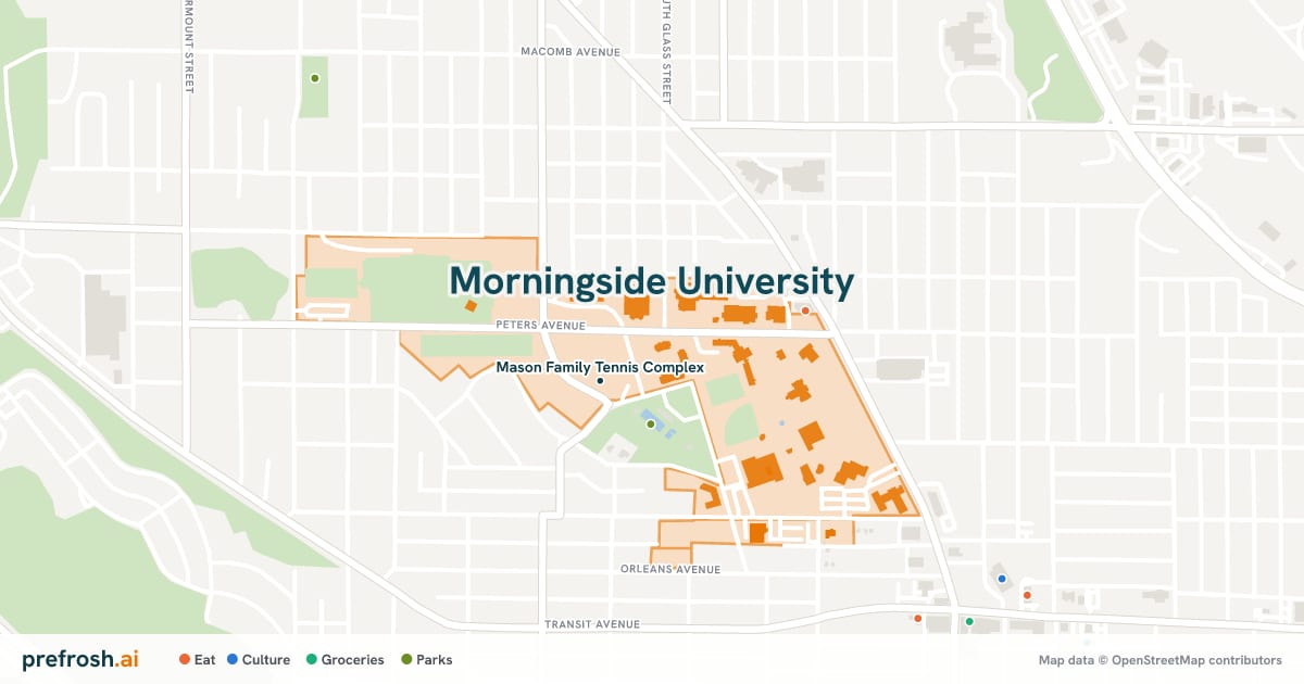 Campus map of Morningside University in Sioux City, IA, showing George M Allee Gymnasium, with nearby restaurants, coffee and shops
