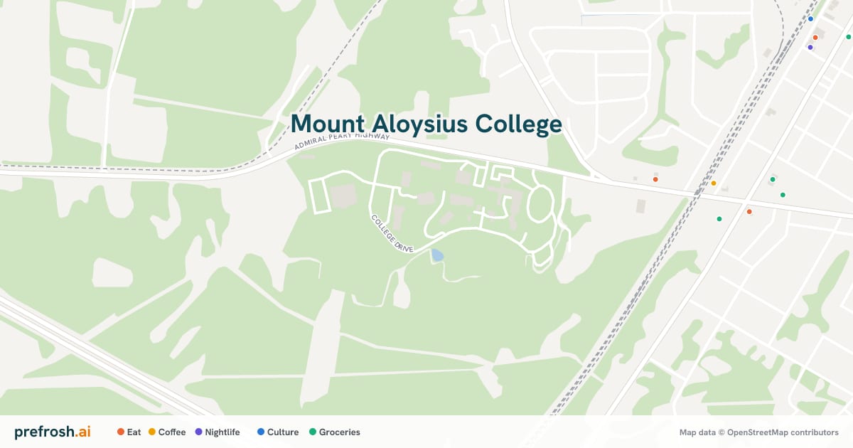 Campus map of Mount Aloysius College in Cresson, PA, with nearby restaurants, coffee and shops