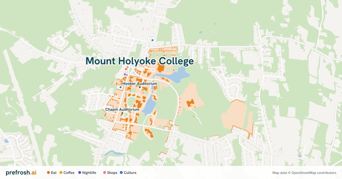 Campus map of Mount Holyoke College in South Hadley, MA, showing Hooker Auditorium and Mount Holyoke College Art Museum, with nearby restaurants, coffee and shops
