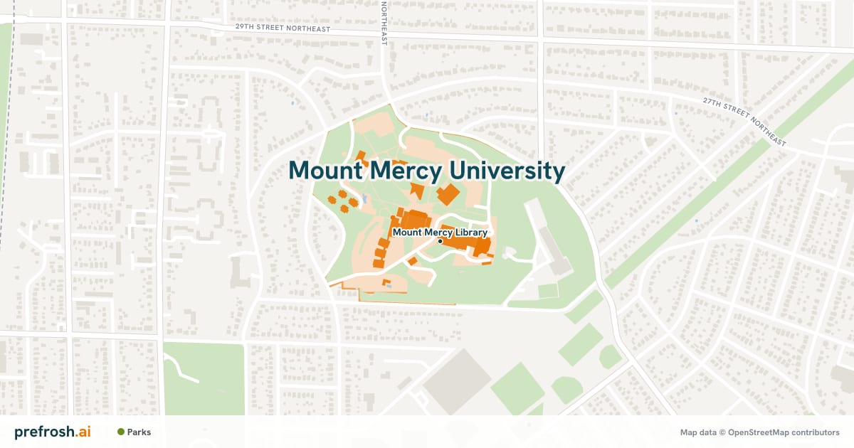 Campus map of Mount Mercy University in Cedar Rapids, IA, showing Mount Mercy Library, with nearby restaurants, coffee and shops