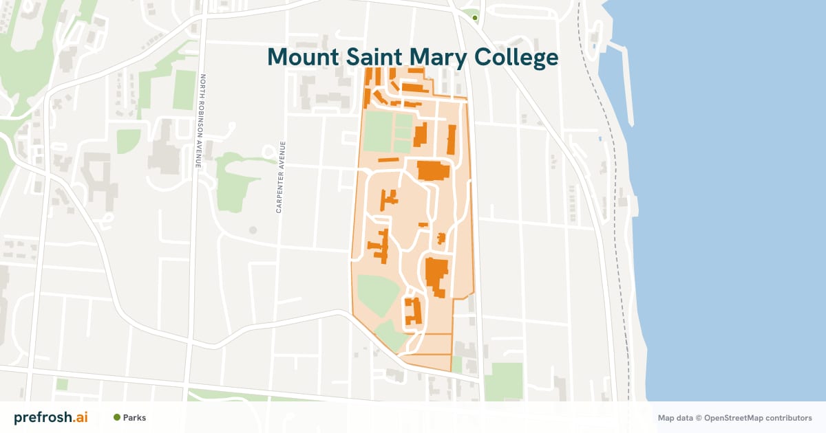 Campus map of Mount Saint Mary College in Newburgh, NY, with nearby restaurants, coffee and shops