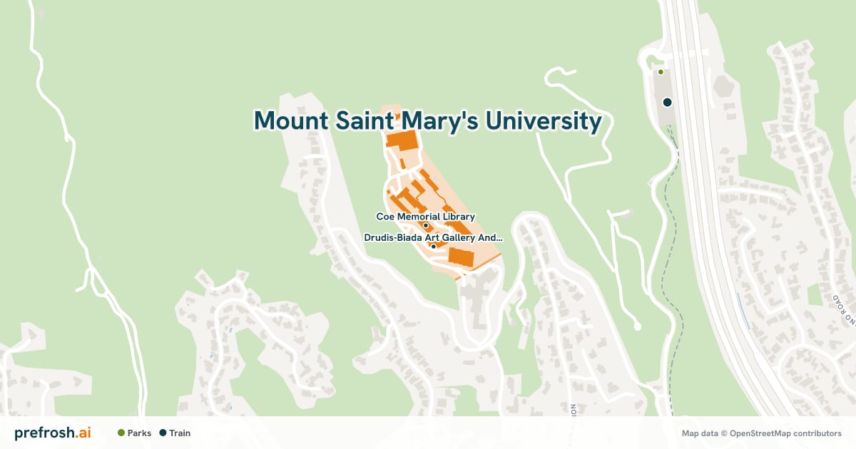 Campus map of Mount Saint Mary's University in Los Angeles, CA, showing Coe Memorial Library and Drudis-Biada Art Gallery And Fine Arts Building, with nearby restaurants, coffee and shops