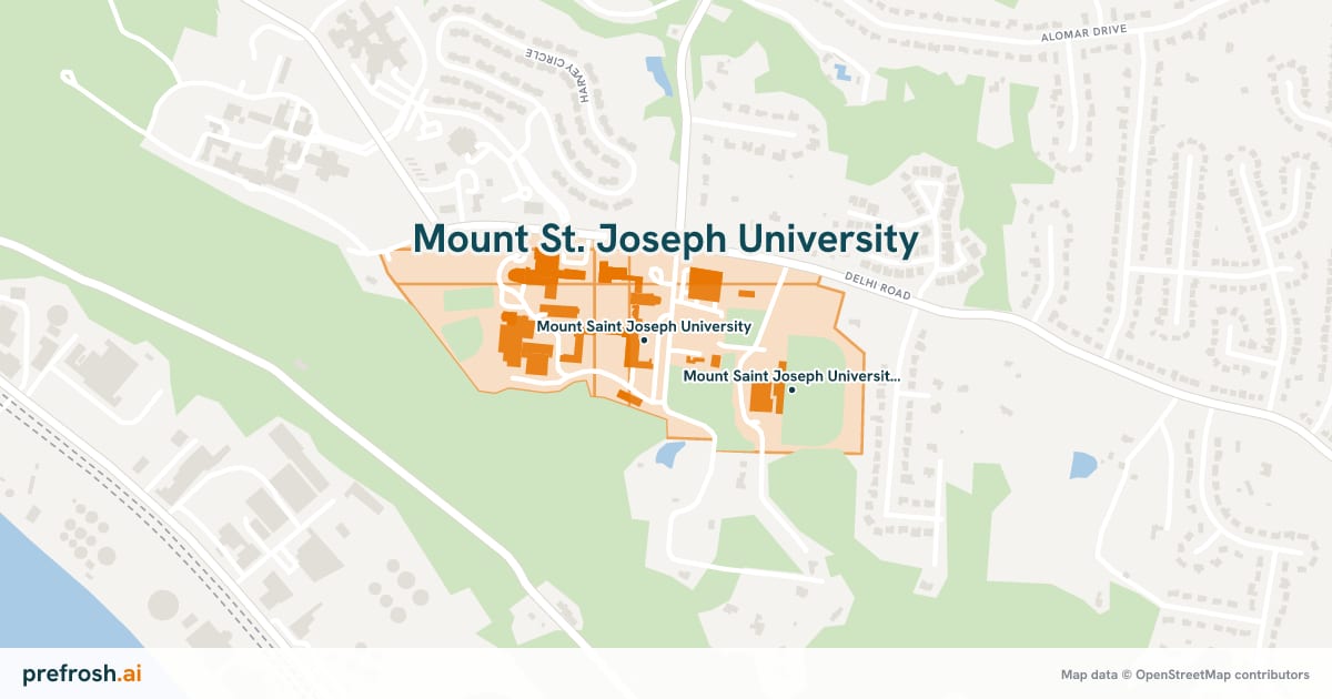Campus map of Mount St. Joseph University in Cincinnati, OH, showing Mount Saint Joseph University and Gymnasium, with nearby restaurants, coffee and shops
