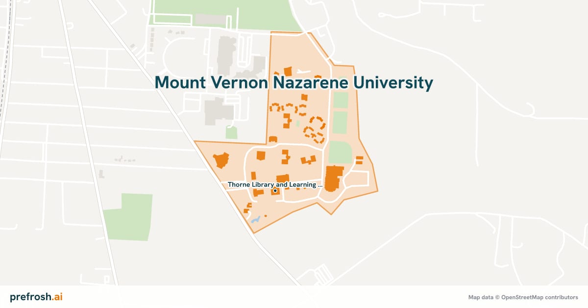 Campus map of Mount Vernon Nazarene University in Mount Vernon, OH, showing Thorne Library and Learning Research Center, with nearby restaurants, coffee and shops