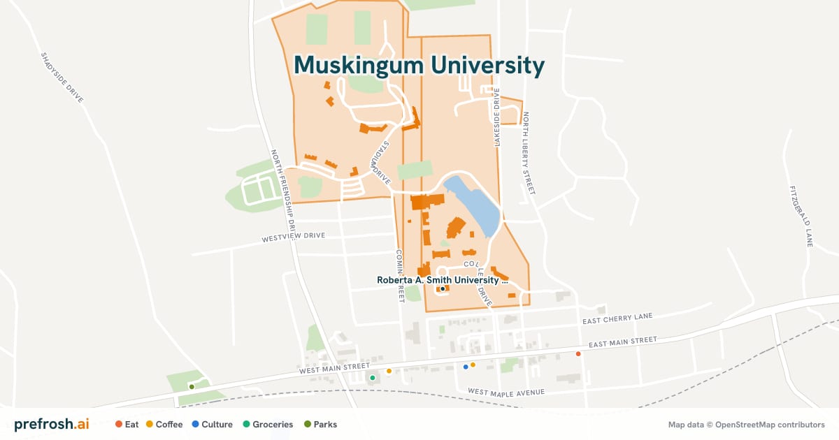 Campus map of Muskingum University in New Concord, OH, showing Roberta A. Smith University Library, with nearby restaurants, coffee and shops