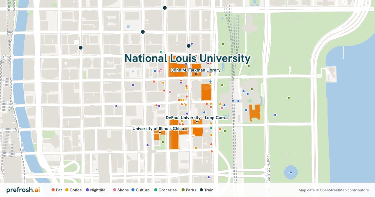 Campus map of National Louis University in Chicago, IL, showing DePaul University – Loop Campus, John M. Flaxman Library and School of The Art Institute of Chicago, with nearby restaurants, coffee and shops