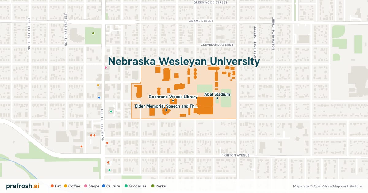 Campus map of Nebraska Wesleyan University in Lincoln, NE, showing Cochrane-Woods Library, Marion and Marian Weary Health and Fitness Center and Elder Memorial Speech and Theatre Center, with nearby restaurants, coffee and shops